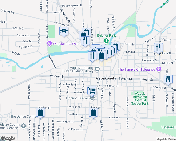 map of restaurants, bars, coffee shops, grocery stores, and more near 111 South Blackhoof Street in Wapakoneta