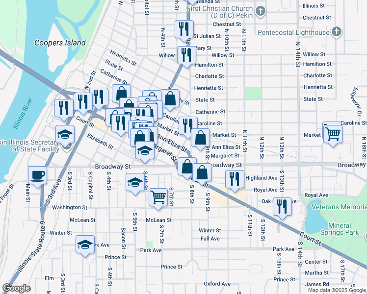 map of restaurants, bars, coffee shops, grocery stores, and more near 701 Ann Eliza Street in Pekin