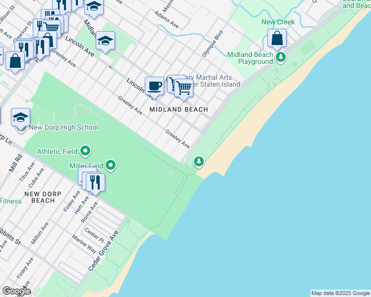 map of restaurants, bars, coffee shops, grocery stores, and more near 658 Greeley Avenue in Staten Island