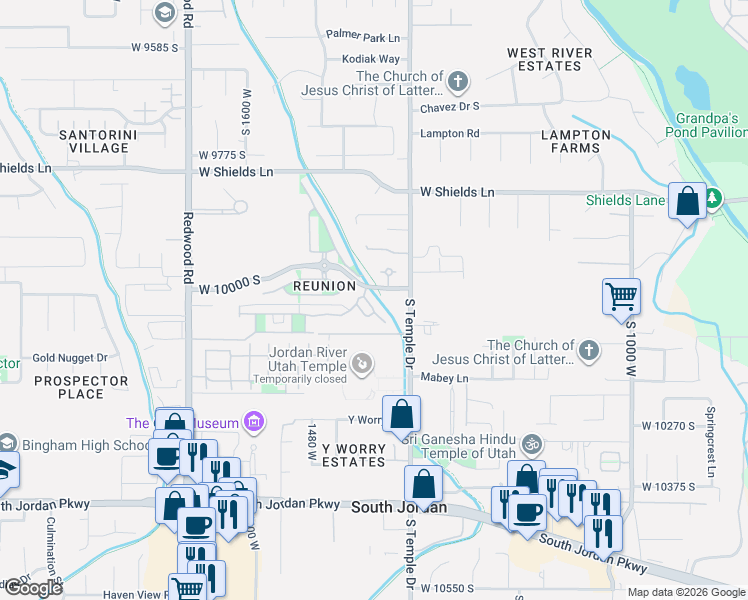 map of restaurants, bars, coffee shops, grocery stores, and more near 10027 Remembrance Lane in South Jordan