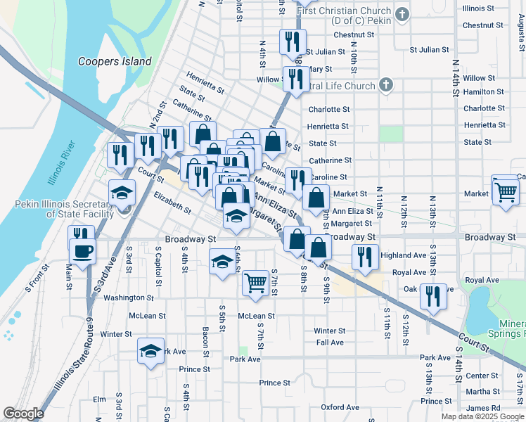 map of restaurants, bars, coffee shops, grocery stores, and more near 104 North 6th Street in Pekin