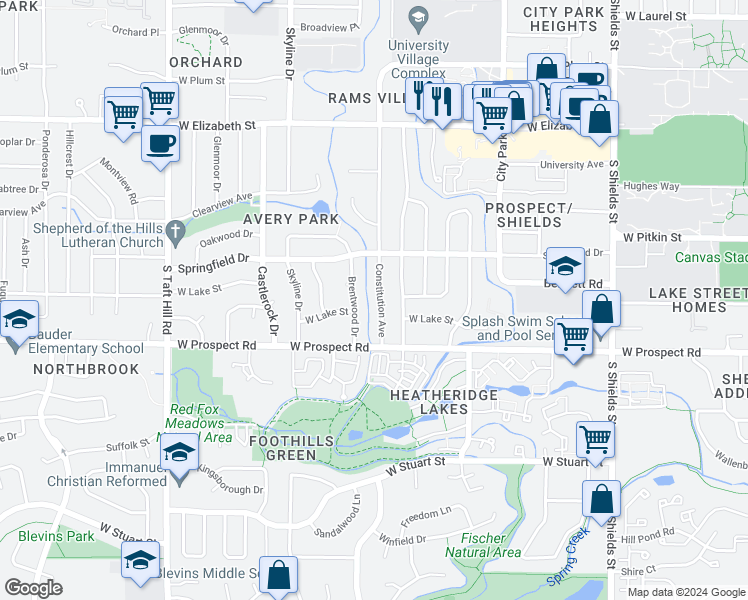 map of restaurants, bars, coffee shops, grocery stores, and more near 1405 Constitution Avenue in Fort Collins