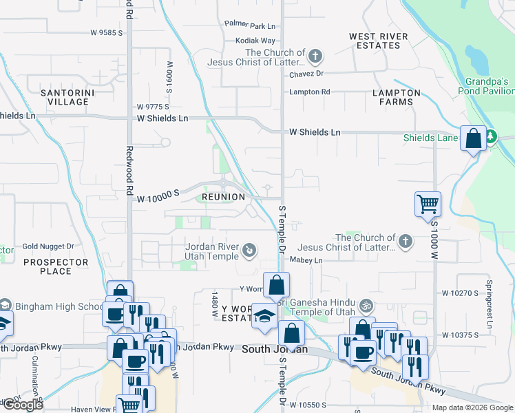 map of restaurants, bars, coffee shops, grocery stores, and more near 10027 Remembrance Lane in South Jordan