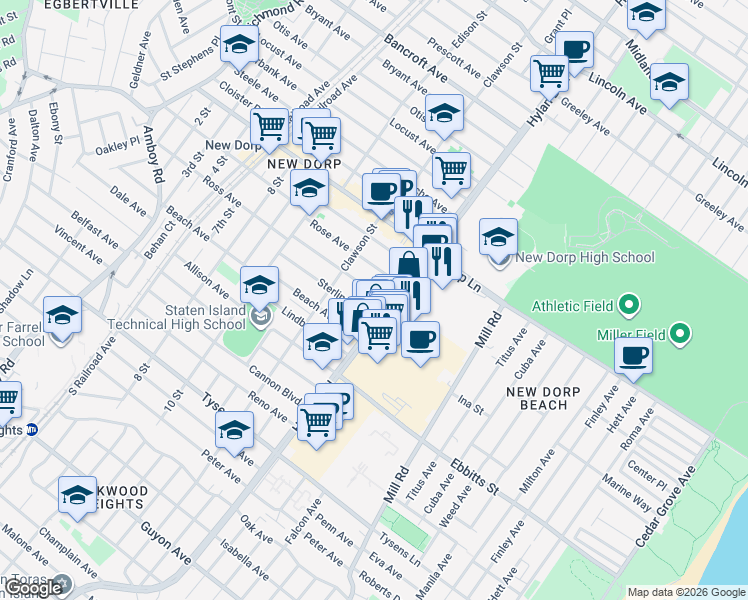map of restaurants, bars, coffee shops, grocery stores, and more near 376 Ross Avenue in Staten Island