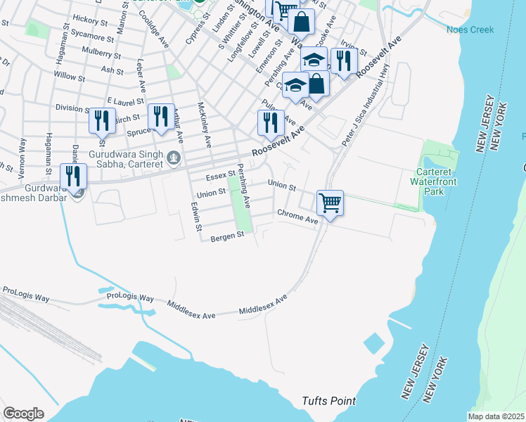 map of restaurants, bars, coffee shops, grocery stores, and more near 77 Mercer Street in Carteret