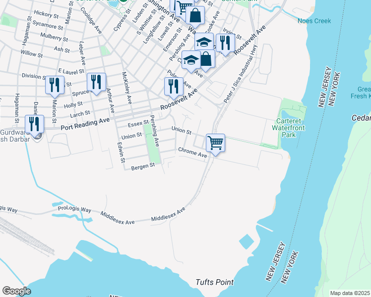 map of restaurants, bars, coffee shops, grocery stores, and more near 50 Chrome Avenue in Carteret