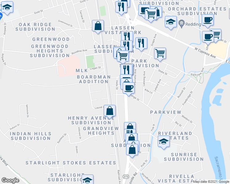 map of restaurants, bars, coffee shops, grocery stores, and more near 3050 Veda Street in Redding