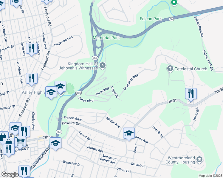 map of restaurants, bars, coffee shops, grocery stores, and more near 503 Birch Way in New Kensington