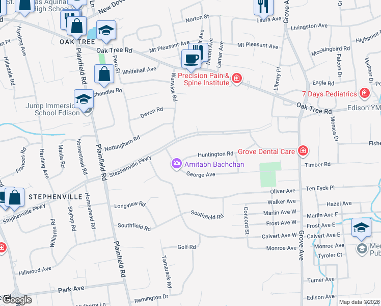 map of restaurants, bars, coffee shops, grocery stores, and more near 9 Huntington Road in Edison