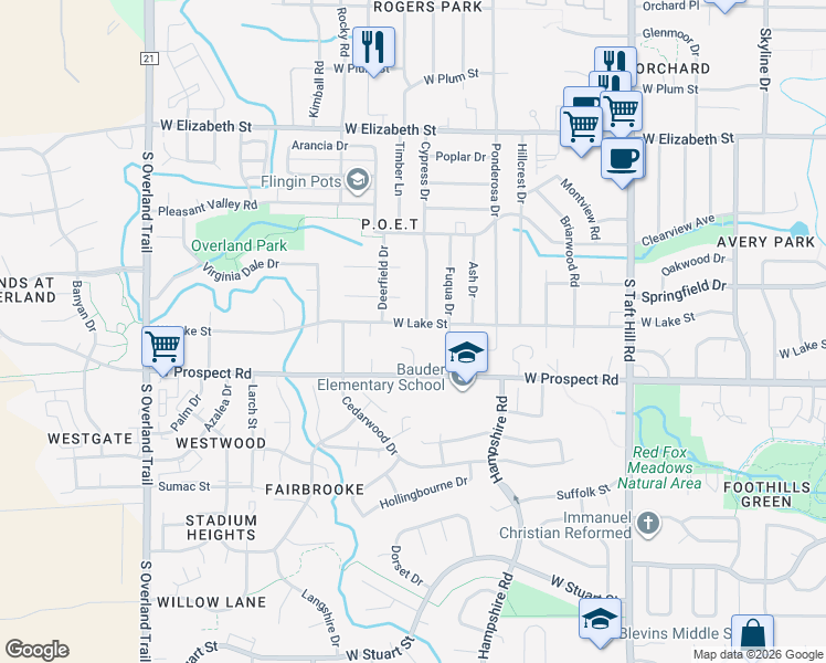 map of restaurants, bars, coffee shops, grocery stores, and more near 2507 West Lake Street in Fort Collins