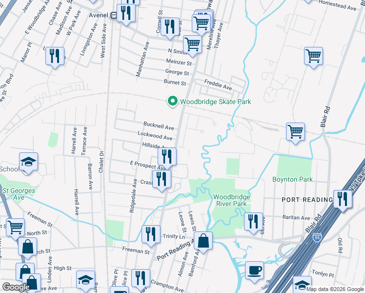 map of restaurants, bars, coffee shops, grocery stores, and more near 1807 Duke Drive in Woodbridge Township