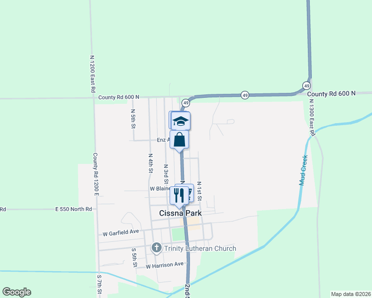map of restaurants, bars, coffee shops, grocery stores, and more near 433 North 2nd Street in Cissna Park