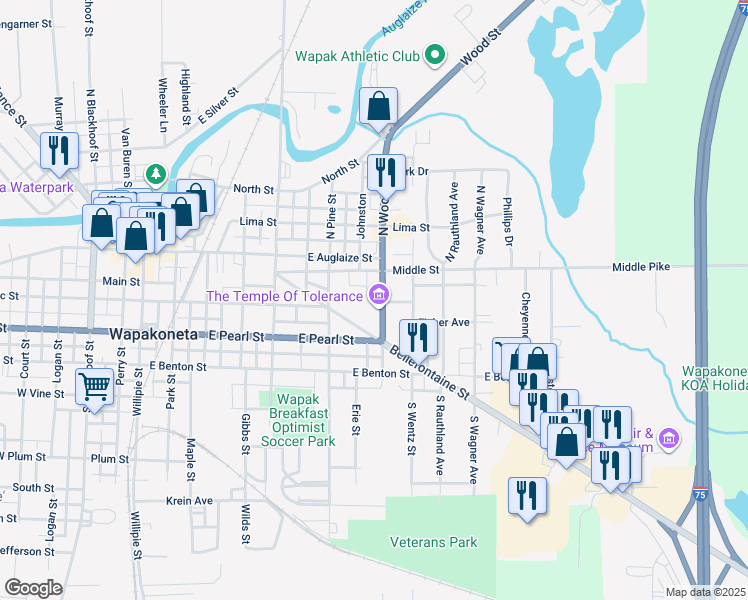 map of restaurants, bars, coffee shops, grocery stores, and more near 113 S Wood St in Wapakoneta