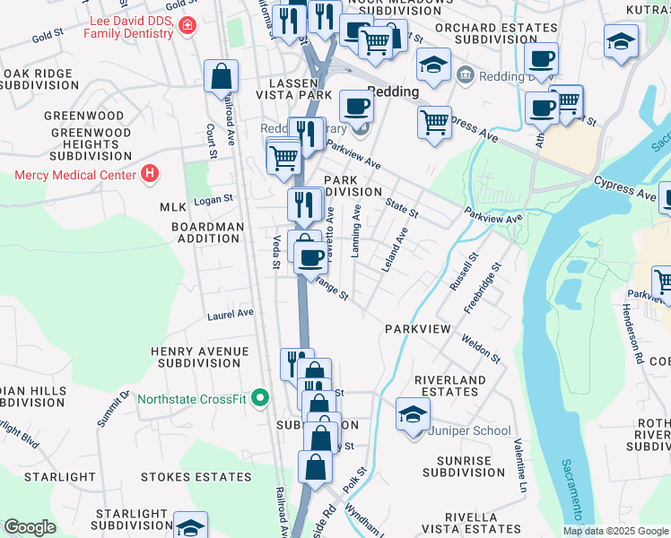 map of restaurants, bars, coffee shops, grocery stores, and more near 2923 Favretto Avenue in Redding