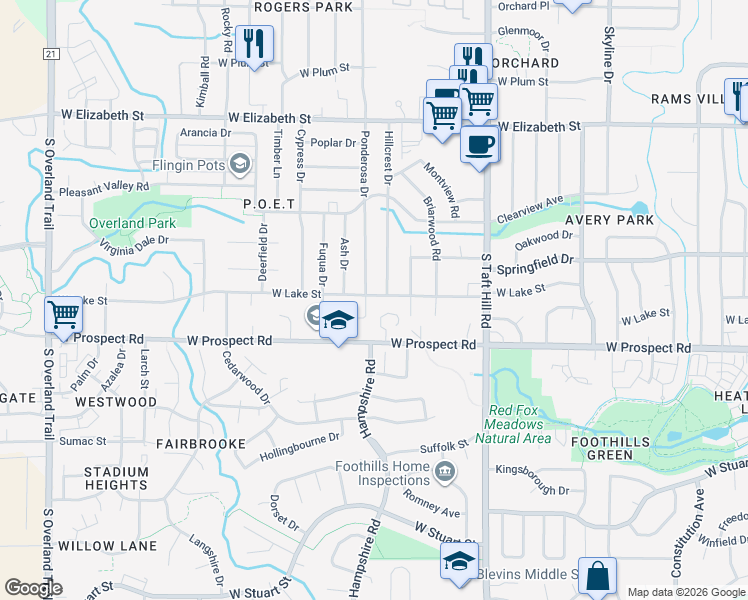 map of restaurants, bars, coffee shops, grocery stores, and more near 2309 West Lake Street in Fort Collins