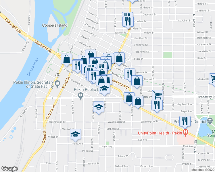 map of restaurants, bars, coffee shops, grocery stores, and more near 510 Margaret Street in Pekin