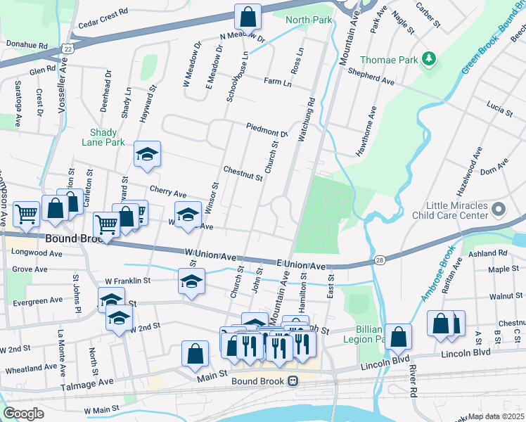 map of restaurants, bars, coffee shops, grocery stores, and more near 524 Church Street in Bound Brook
