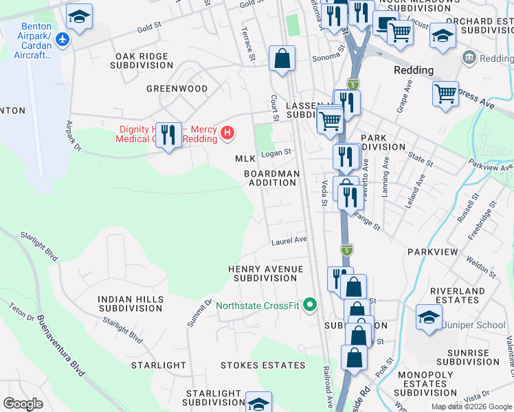 map of restaurants, bars, coffee shops, grocery stores, and more near 3014 West Street in Redding
