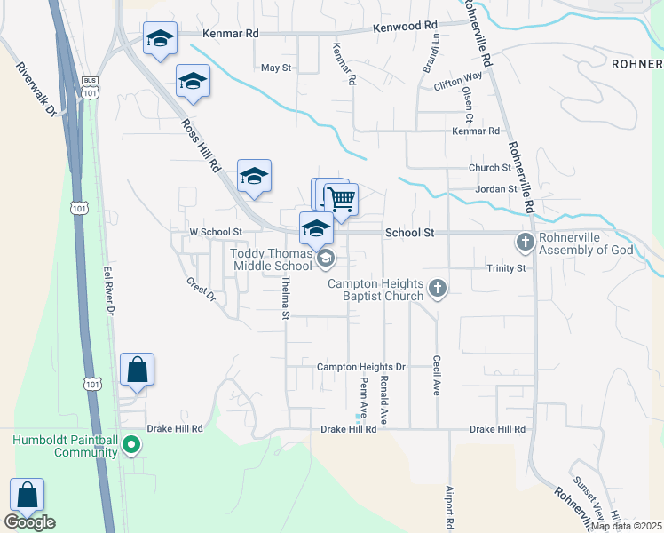 map of restaurants, bars, coffee shops, grocery stores, and more near East St in Fortuna