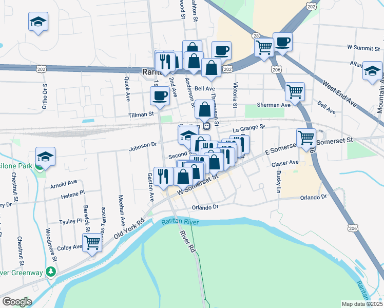 map of restaurants, bars, coffee shops, grocery stores, and more near 26 2nd Avenue in Raritan