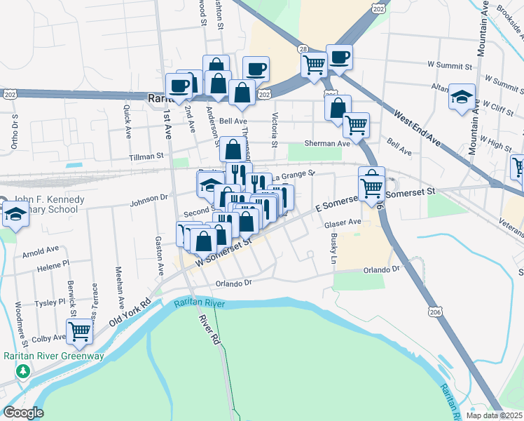 map of restaurants, bars, coffee shops, grocery stores, and more near in Raritan