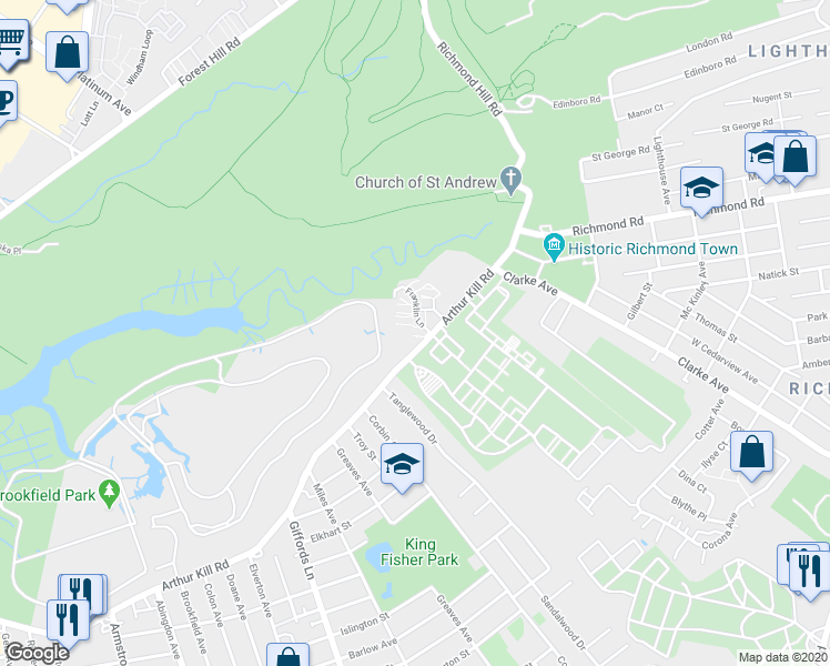 map of restaurants, bars, coffee shops, grocery stores, and more near 187E Arthur Kill Road in Staten Island