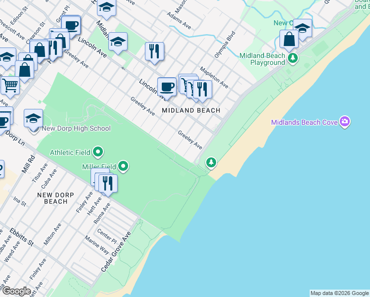 map of restaurants, bars, coffee shops, grocery stores, and more near 374 Baden Place in Staten Island