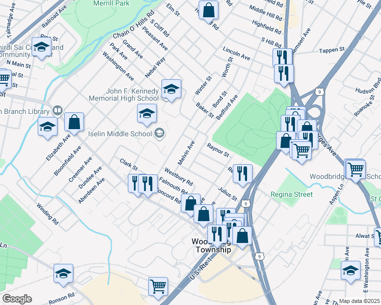 map of restaurants, bars, coffee shops, grocery stores, and more near 19 Melvin Avenue in Woodbridge Township
