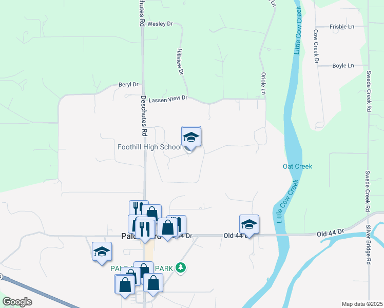 map of restaurants, bars, coffee shops, grocery stores, and more near 9733 Deschutes Road in Palo Cedro