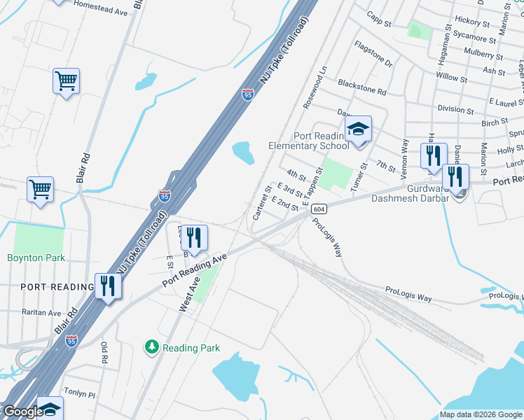 map of restaurants, bars, coffee shops, grocery stores, and more near 4 1st Street in Woodbridge Township