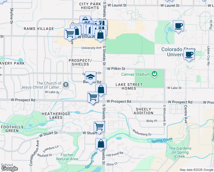 map of restaurants, bars, coffee shops, grocery stores, and more near 1412 South Shields Street in Fort Collins