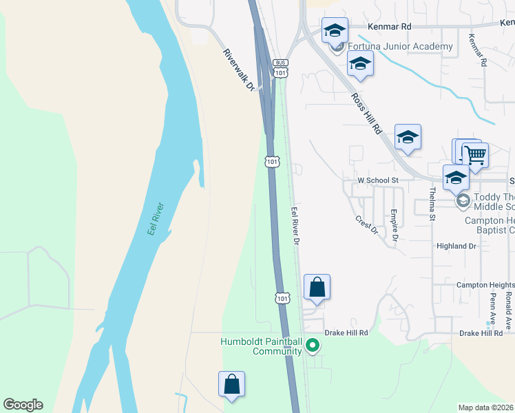 map of restaurants, bars, coffee shops, grocery stores, and more near 1595 Eel River Drive in Fortuna