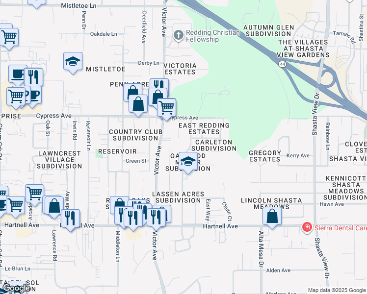 map of restaurants, bars, coffee shops, grocery stores, and more near 2634 Yana Avenue in Redding