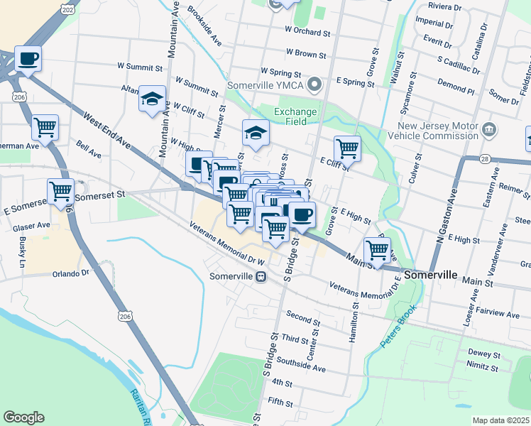 map of restaurants, bars, coffee shops, grocery stores, and more near 50 West Main Street in Somerville