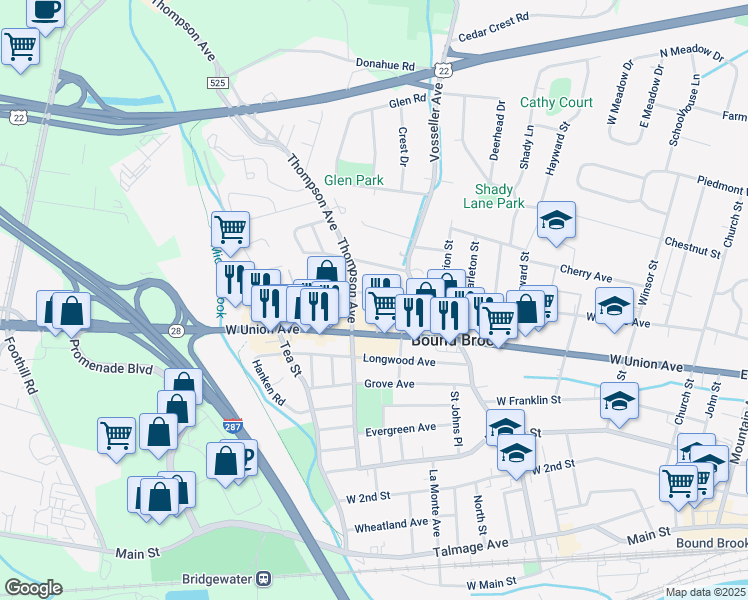 map of restaurants, bars, coffee shops, grocery stores, and more near 446 West Maple Avenue in Bound Brook
