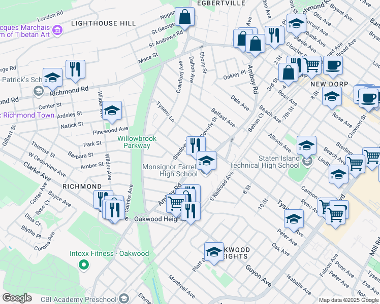 map of restaurants, bars, coffee shops, grocery stores, and more near 35 Park Street in Staten Island