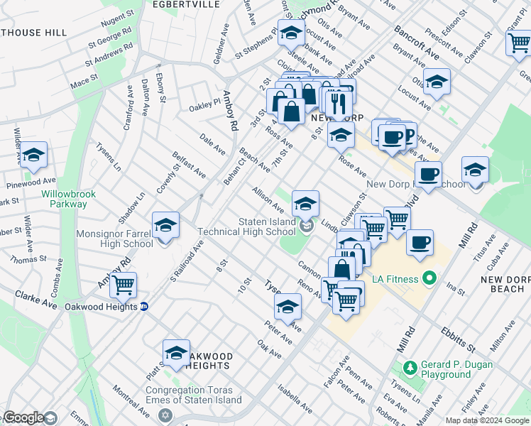 map of restaurants, bars, coffee shops, grocery stores, and more near 61 Princeton Avenue in Staten Island