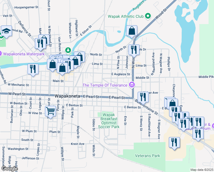 map of restaurants, bars, coffee shops, grocery stores, and more near 408 E Mechanic St in Wapakoneta