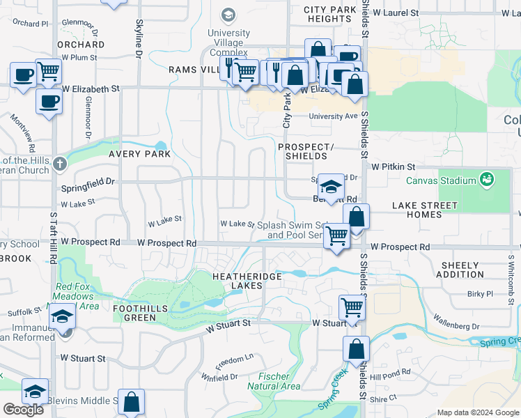map of restaurants, bars, coffee shops, grocery stores, and more near 1401 Lynnwood Drive in Fort Collins