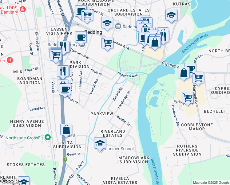 map of restaurants, bars, coffee shops, grocery stores, and more near 2620 Russell Street in Redding