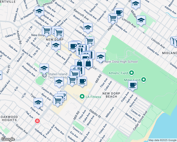 map of restaurants, bars, coffee shops, grocery stores, and more near 430 New Dorp Lane in Staten Island