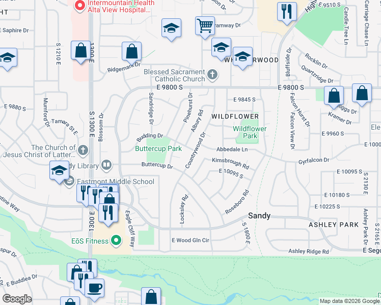 map of restaurants, bars, coffee shops, grocery stores, and more near 10038 Countrywood Drive in Sandy