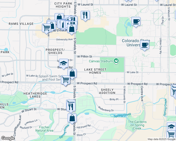 map of restaurants, bars, coffee shops, grocery stores, and more near 914 West Lake Street in Fort Collins