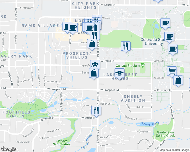 map of restaurants, bars, coffee shops, grocery stores, and more near in Fort Collins