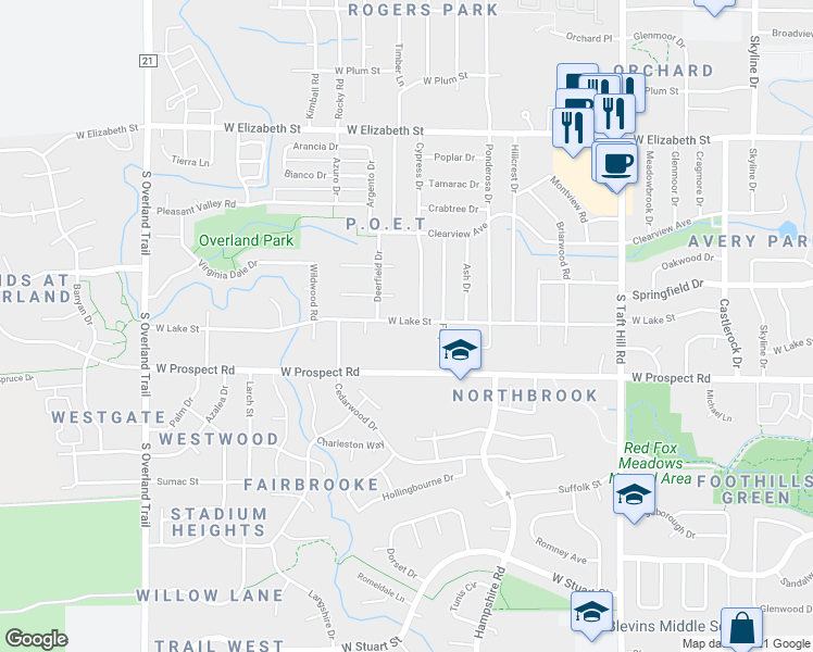 map of restaurants, bars, coffee shops, grocery stores, and more near 2425 West Lake Street in Fort Collins