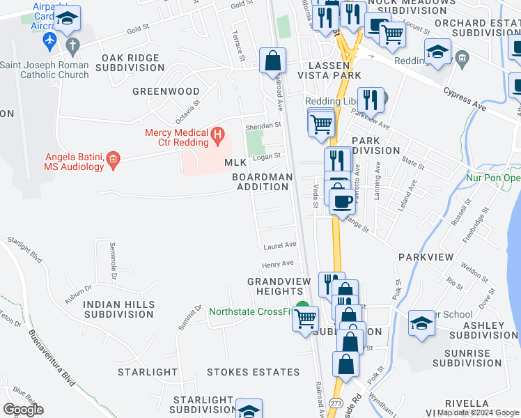 map of restaurants, bars, coffee shops, grocery stores, and more near 1848 Roanoke Avenue in Redding