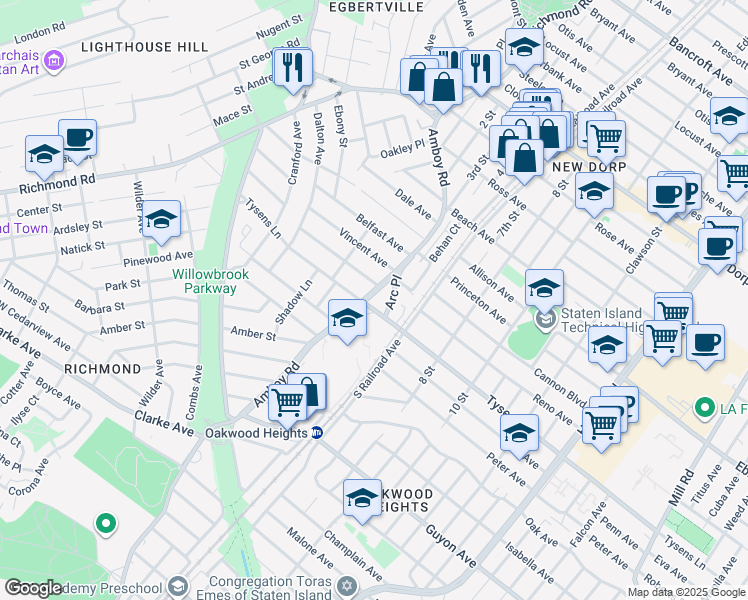 map of restaurants, bars, coffee shops, grocery stores, and more near 35 Arc Place in Staten Island