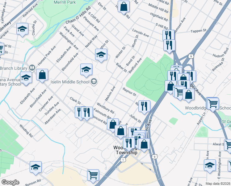 map of restaurants, bars, coffee shops, grocery stores, and more near 19 Melvin Avenue in Woodbridge Township