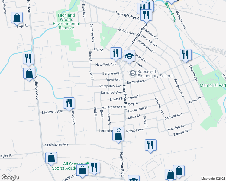 map of restaurants, bars, coffee shops, grocery stores, and more near 1609 Peek Street in South Plainfield