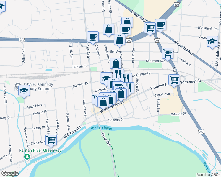 map of restaurants, bars, coffee shops, grocery stores, and more near 26 2nd Avenue in Raritan
